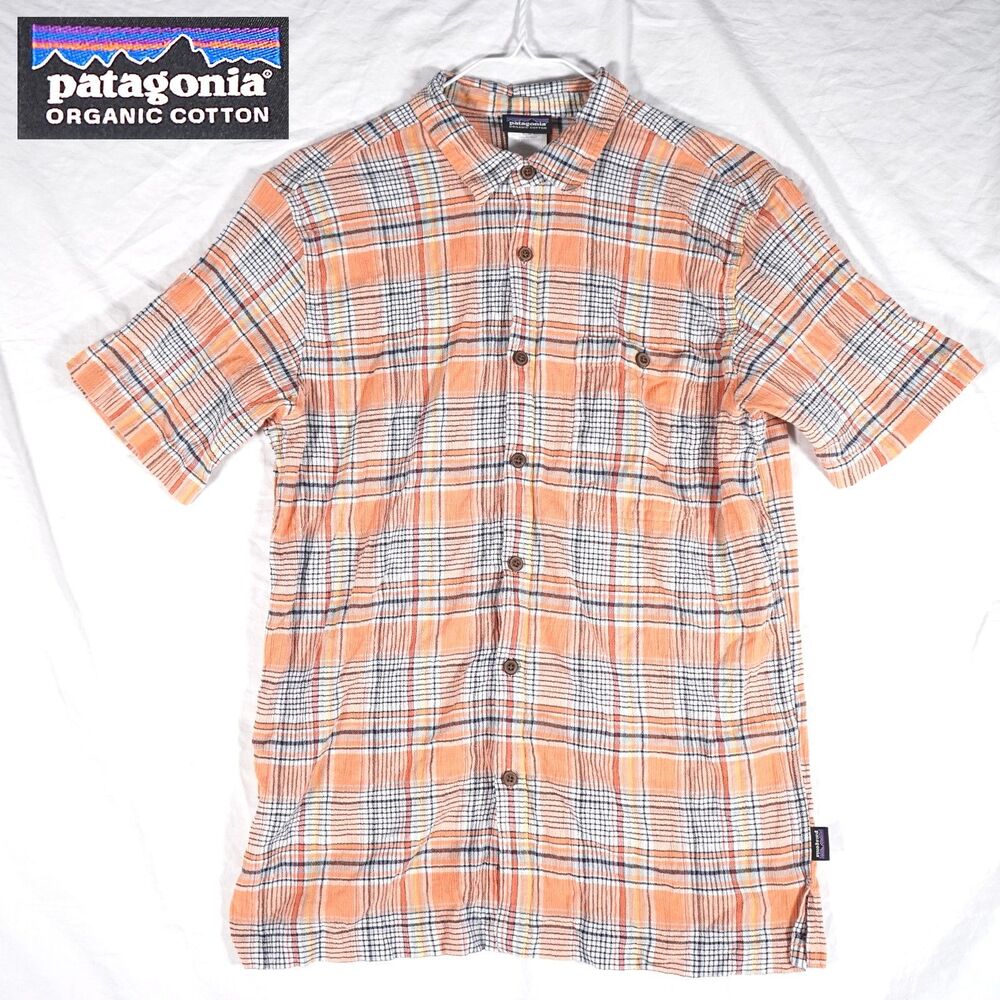 Patagonia Organic Cotton Seersucker Plaid Shirt Orange Men's Medium